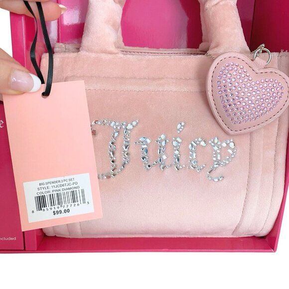 Juicy Couture Big Spender Pink Mini Tote Bag w/Barrel Wristlet & Heart Bag Charm - Picture 7 of 10